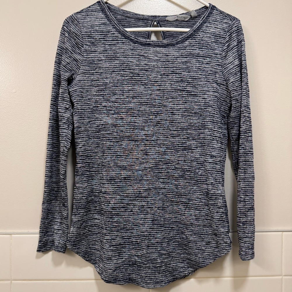 Athleta Navy Blue and White Open Back Keyhole Long Sleeve Top